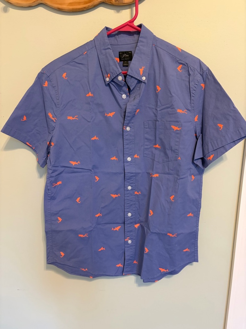 J. Crew Short-Sleeve Button-Down Shirt in Blue with Orange Shark Print